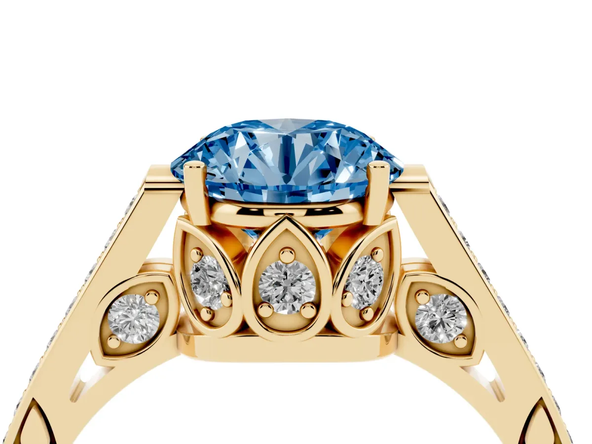 Fancy Blue Round Cut Cut Cathedral Pave Diamond Engagement Ring with Six-Prong Setting Yellow gold