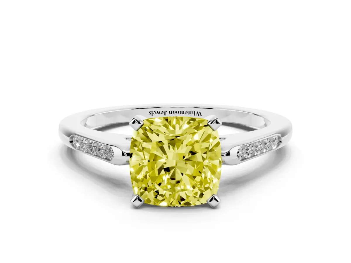 Fancy Yellow Cushion Cut Diamond Solitaire Ring with Channel Set Round Band and Prong Setting Silver