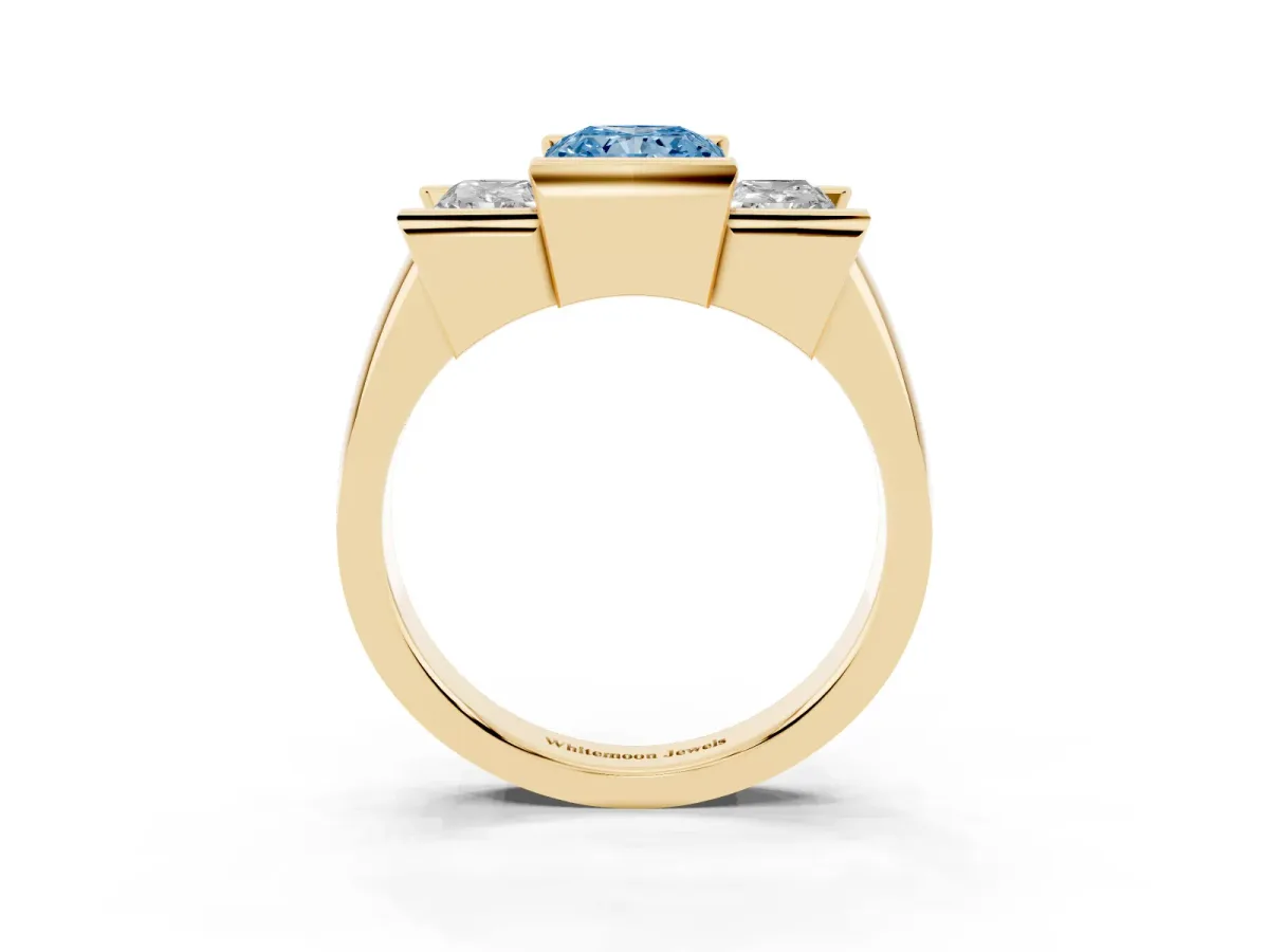 Fancy Blue Three Stone Radiant Cut Cut Channel Set Diamond Ring Yellow gold
