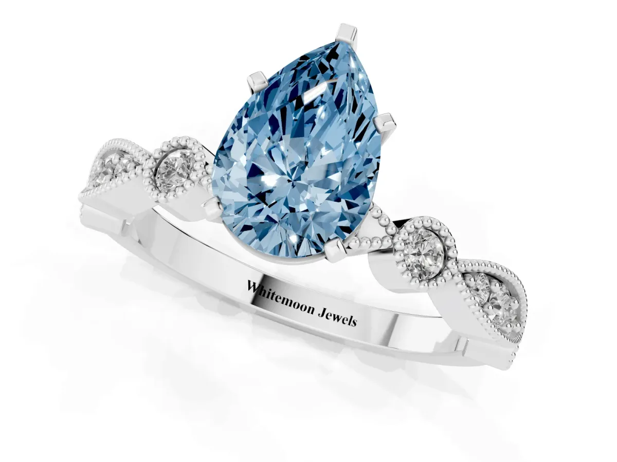 Fancy Blue Pear Cut Milgrain Bezel Diamond Engagement Ring with Solitaire Prong Setting Platinum