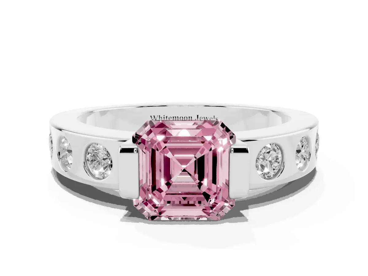 Fancy Pink Asscher Cut Brilliant Channel-Set Diamond Ring with Bezel Prong Setting Silver