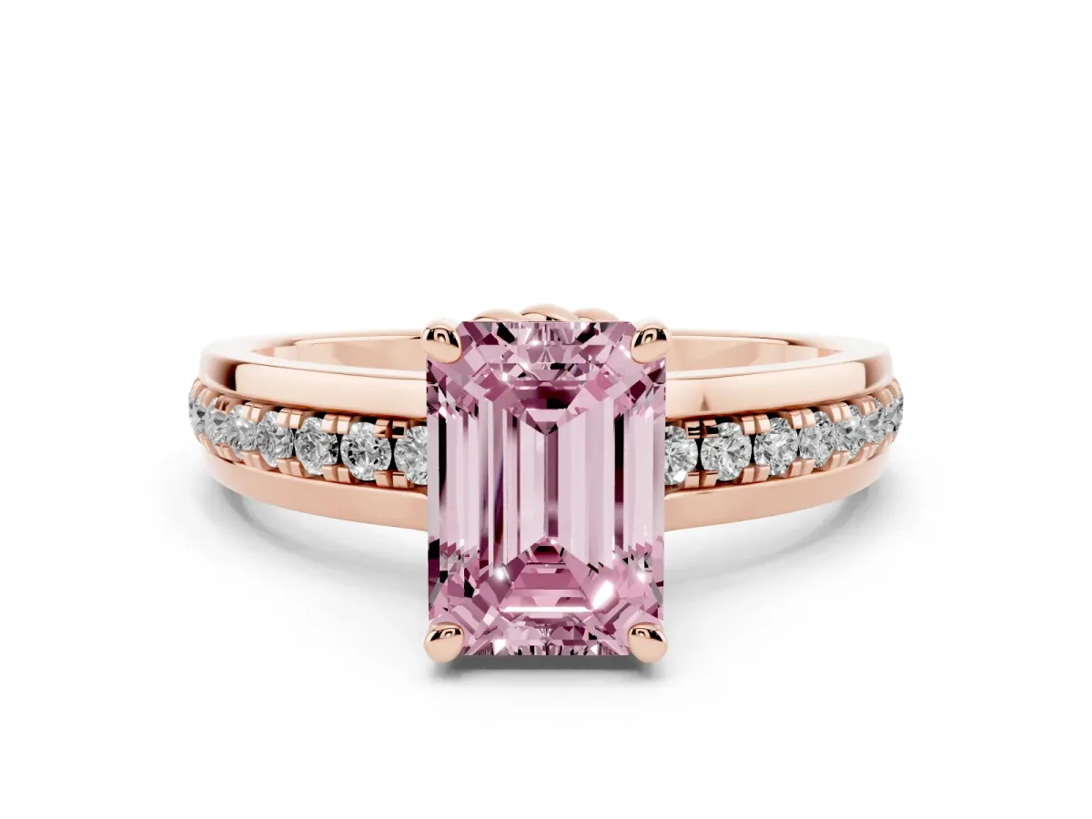 Fancy Pink Emerald Cut Solitaire Diamond Ring with Channel Set Band and Six-Prong Setting Rose gold