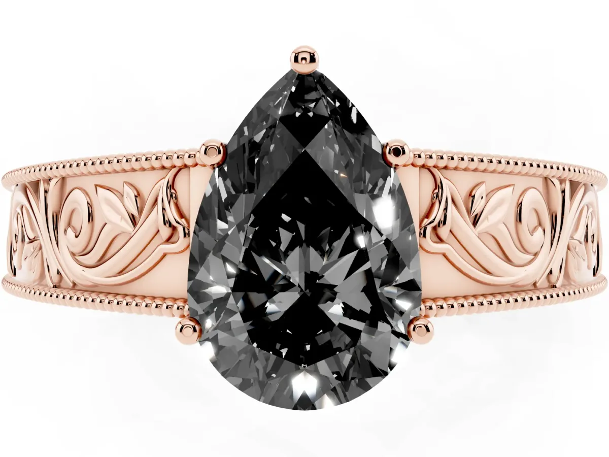 Fancy Black Pear Cut Diamond Solitaire Ring with Engraved Band and Four-Prong Setting Rose gold