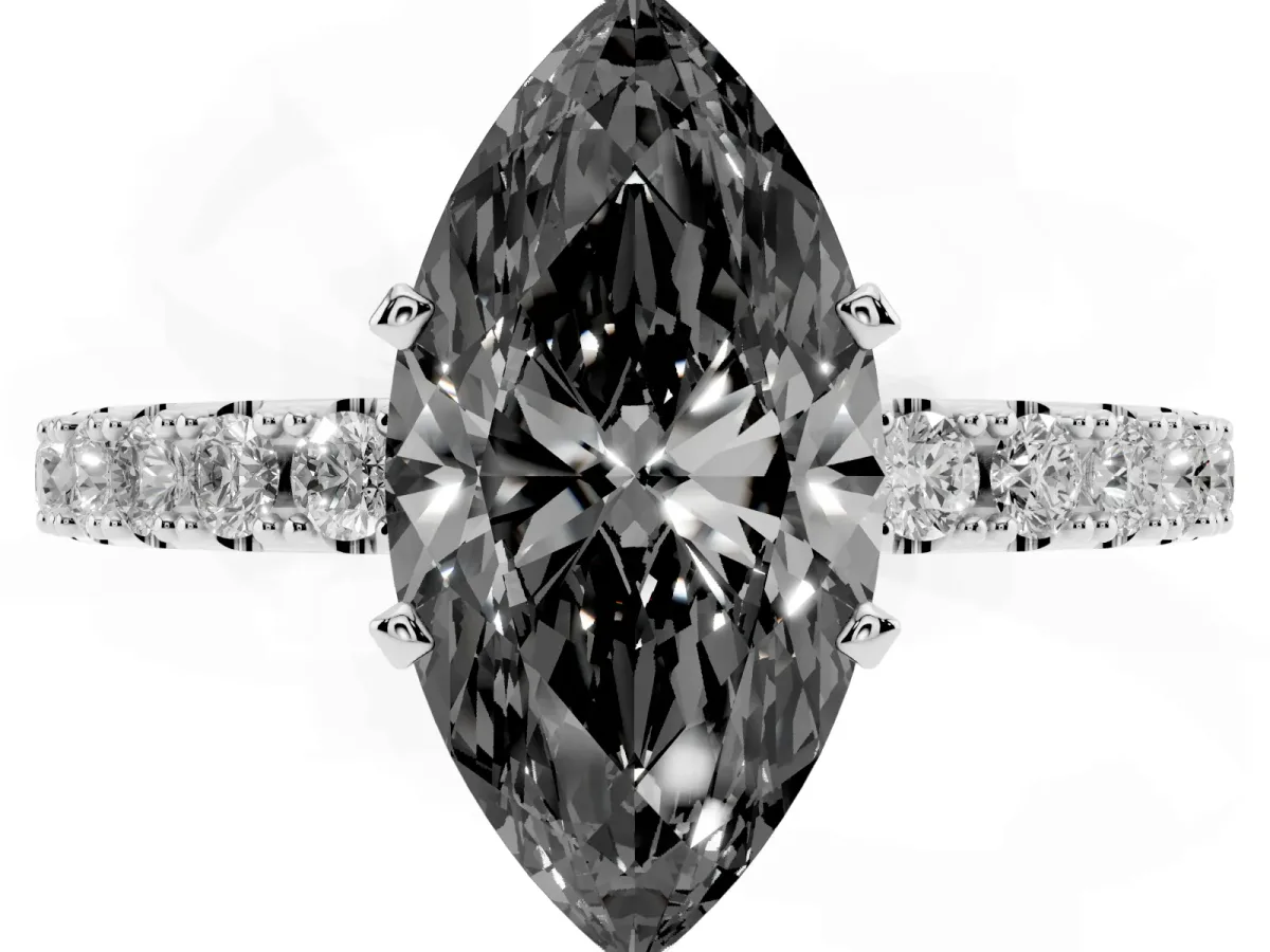 Fancy Black Marquise Cut Diamond Solitaire Pavé Band with Four-Prong Setting Silver