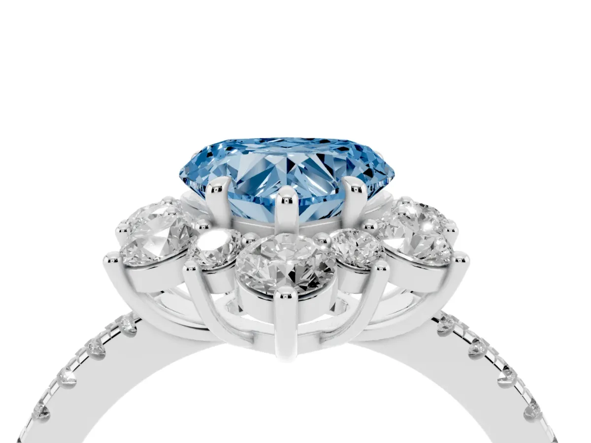 Fancy Blue Heart Cut Diamond Floral Halo Ring with Round Pavé Band and Prong Setting White gold
