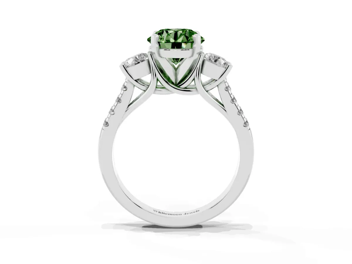 Fancy Green Three-Stone Round Cut Diamond Pavé Band with Four-Prong Setting Silver