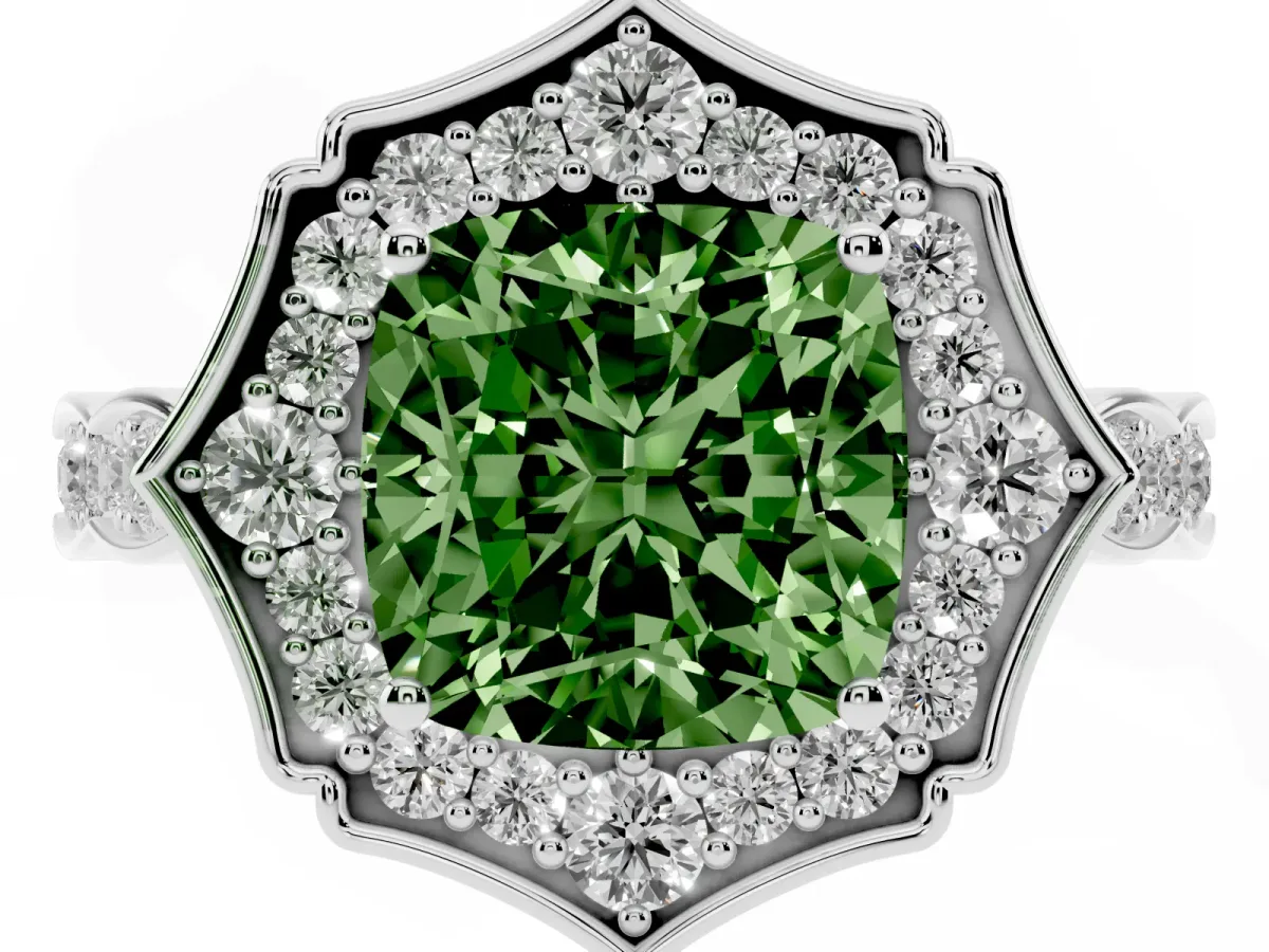 Fancy Green Cushion Cut Halo Diamond Engagement Ring with Milgrain Band and Four-Prong Setting Platinum