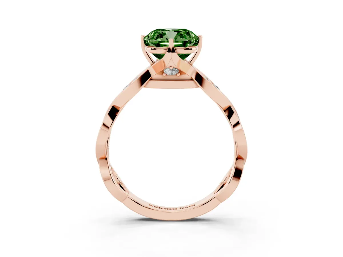 Fancy Green Cushion Cut Solitaire Twist Band with Leaf Prong Setting Rose gold