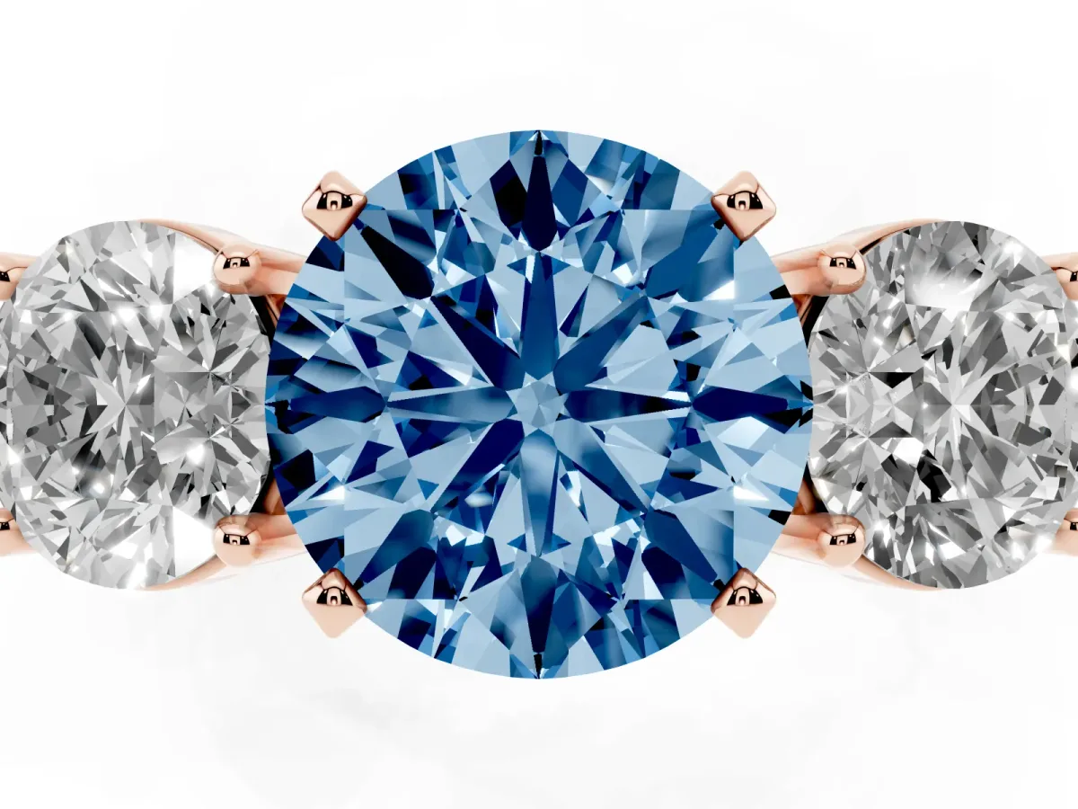 Fancy Blue Three-Stone Round Cut Diamond Ring with Round Side Stones, Classic Band, and Four-Prong Setting Rose gold
