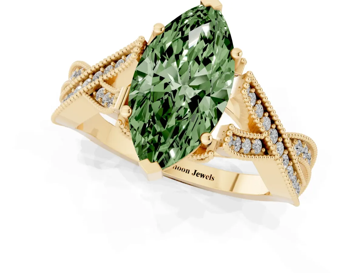Fancy Green Marquise Cut Cut Diamond Twisted Band with Milgrain Pave Setting and Four-Prong Setting Yellow gold