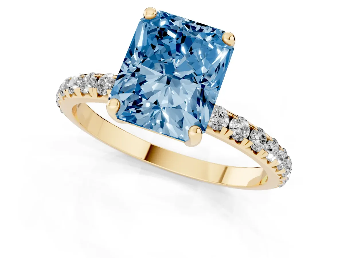 Fancy Blue Radiant Cut Cut Diamond Solitaire Ring with Micro Pave Band and Four Prong Setting Yellow gold