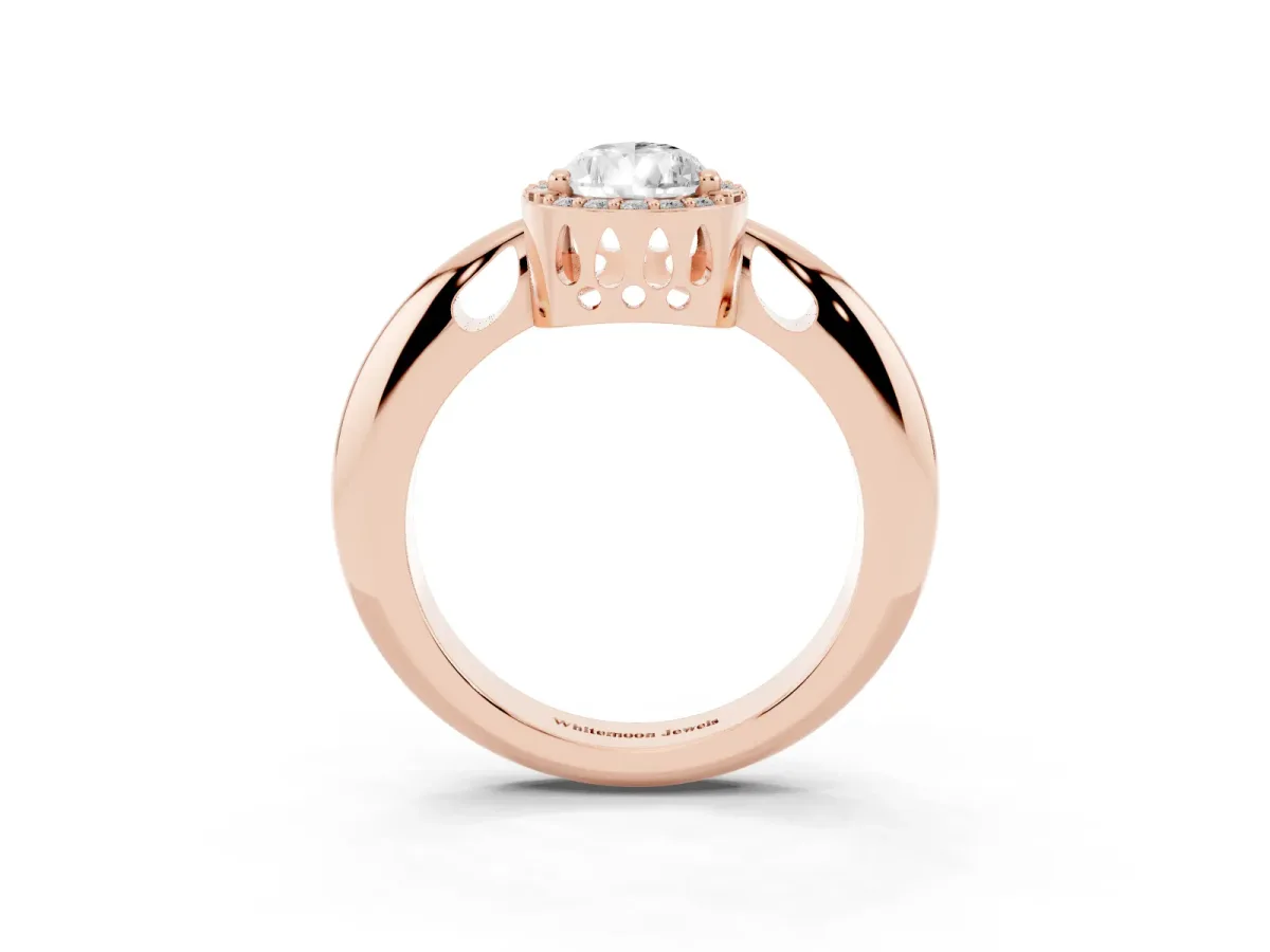 Pear Cut Cut Diamond Halo Engagement Ring with Split Shank and Four-Prong Setting Rose gold