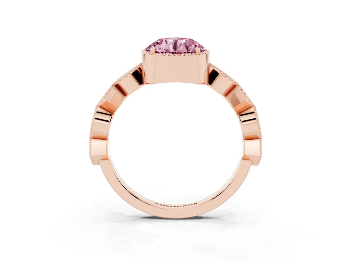 Fancy Pink Round Cut Milgrain Marquise Diamond Twist Band Ring Rose gold