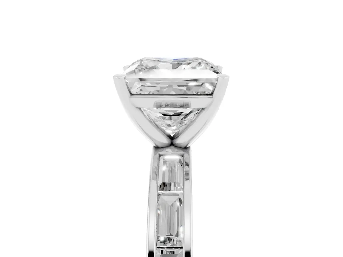 Princess Cut Solitaire Diamond Ring with Channel-Set Baguette Band and Four-Prong Setting Platinum