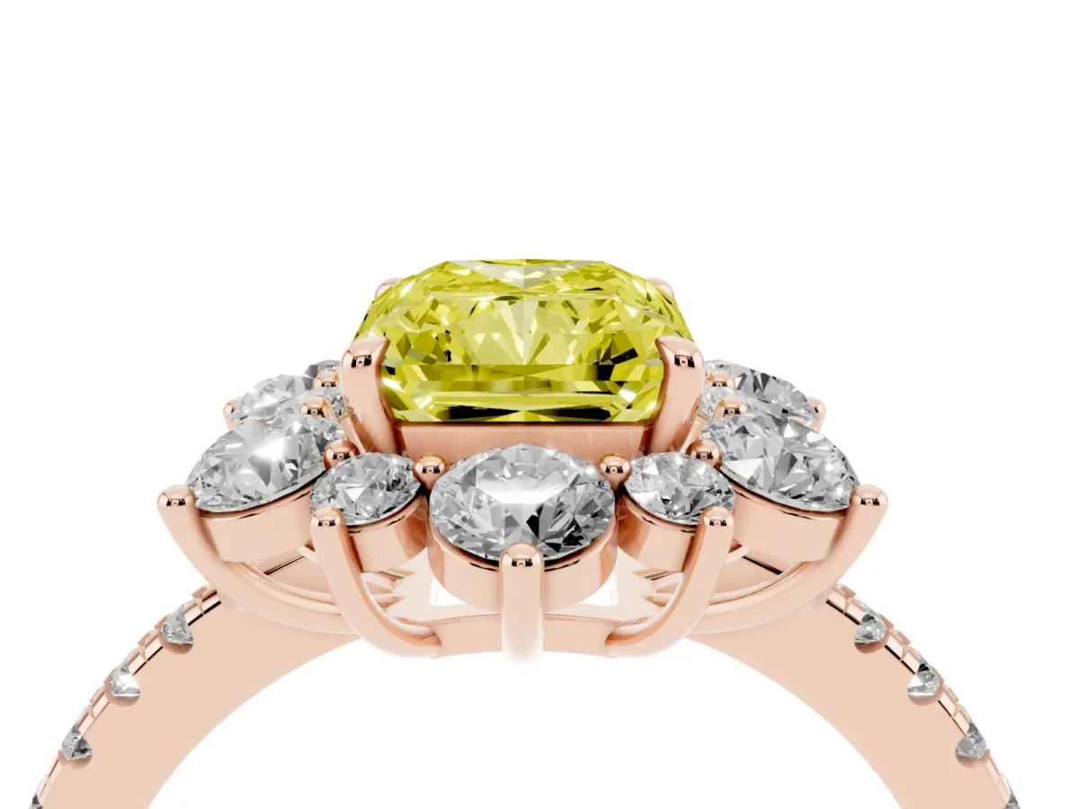 Fancy Yellow Radiant Cut Diamond Floral Halo Ring with Round Pavé Band and Prong Setting Rose gold