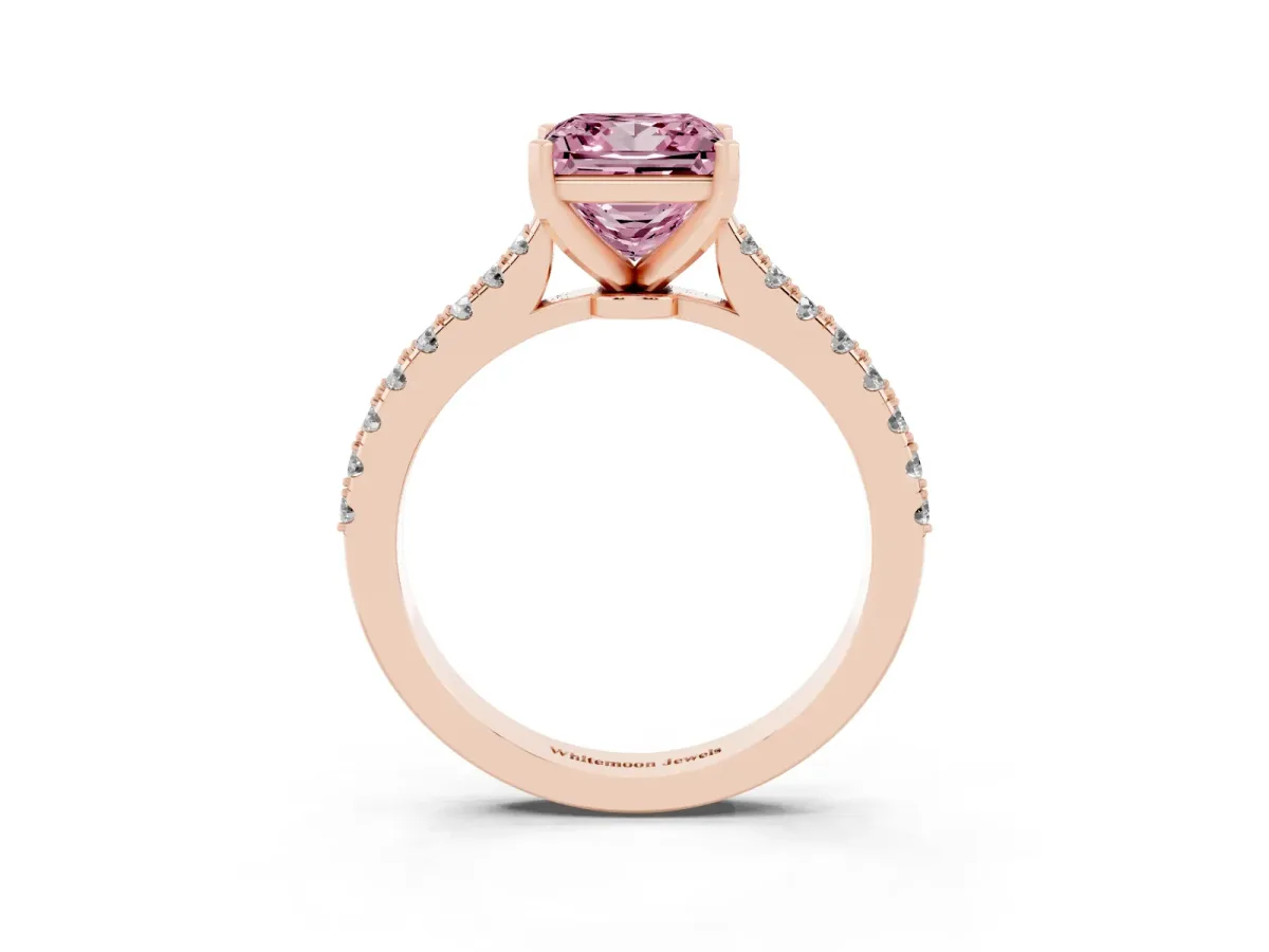 Fancy Pink Princess Cut Cut Solitaire Diamond Engagement Ring with Pave Band and Four-Prong Setting Rose gold