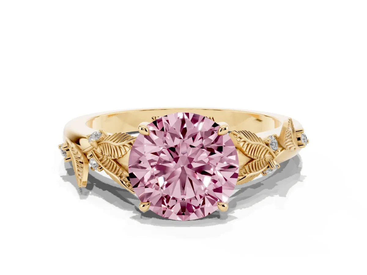 Fancy Pink Round Cut Diamond Solitaire Ring with Leaf Motif Band and Four-Prong Setting Yellow gold