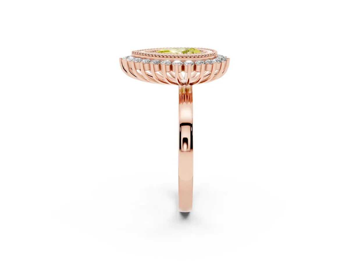Fancy Yellow Pear Cut Halo Diamond Ring with Milgrain Edge and Round Prong Setting Rose gold