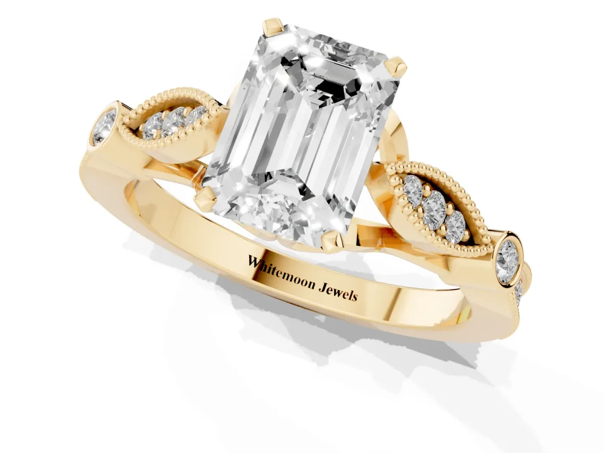 Emerald Cut Cut Diamond with Milgrain Marquise and Bezel Accents on a Solitaire Band with Prong Setting Yellow gold