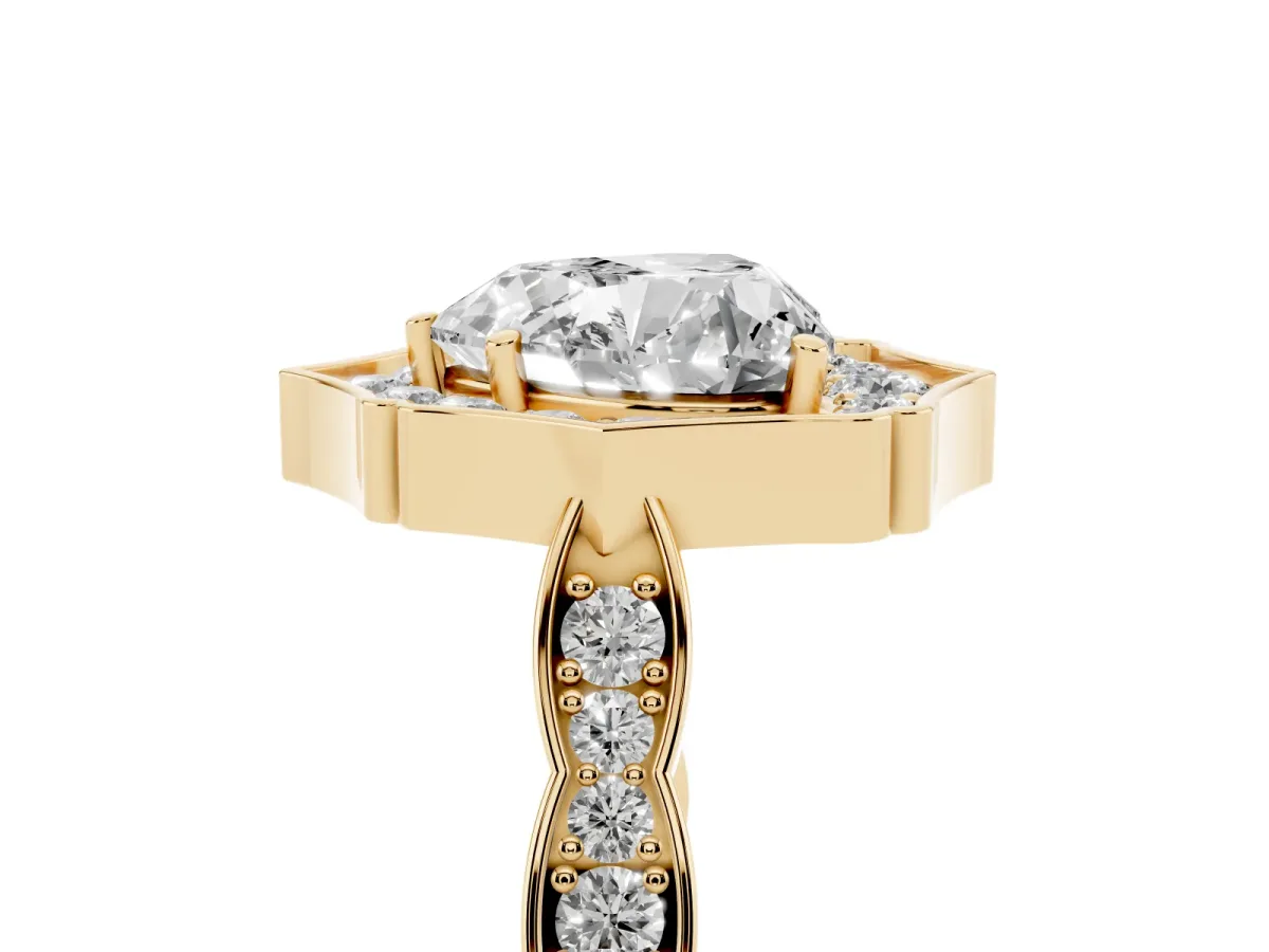 Heart Cut Halo Diamond Engagement Ring with Milgrain Band and Four-Prong Setting Yellow gold