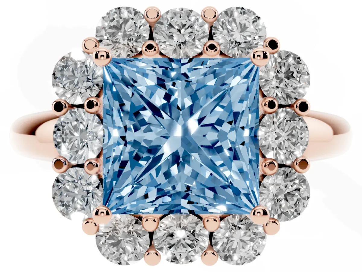 Fancy Blue Princess Cut Halo Milgrain Solitaire with Bezel Set Side Stones and Pave Band Rose gold