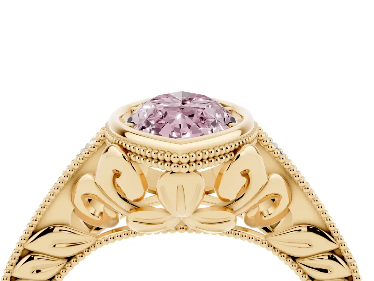 Fancy Pink Bezel Set Marquise Cut Diamond Milgrain Pave Engagement Ring Yellow gold