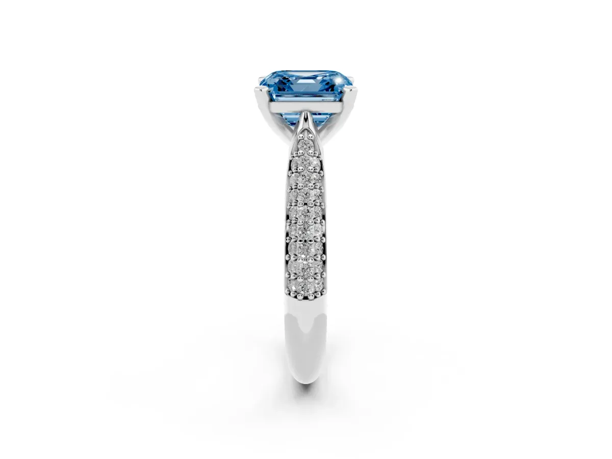 Fancy Blue Asscher Cut Diamond Solitaire Engagement Ring with Multi-Row Round Pavé Band and Prong Setting Silver