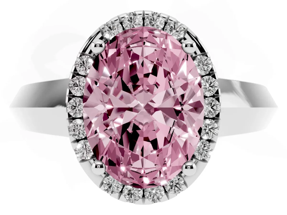 Fancy Pink Oval Cut Halo Diamond Ring with Cathedral Band and Four-Prong Setting Silver