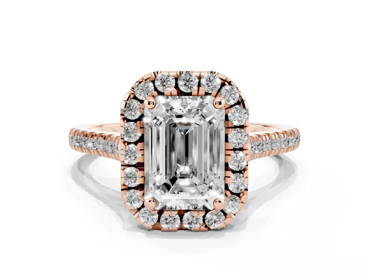 Emerald Cut Diamond Cushion Halo Ring with Pavé Band Rose gold