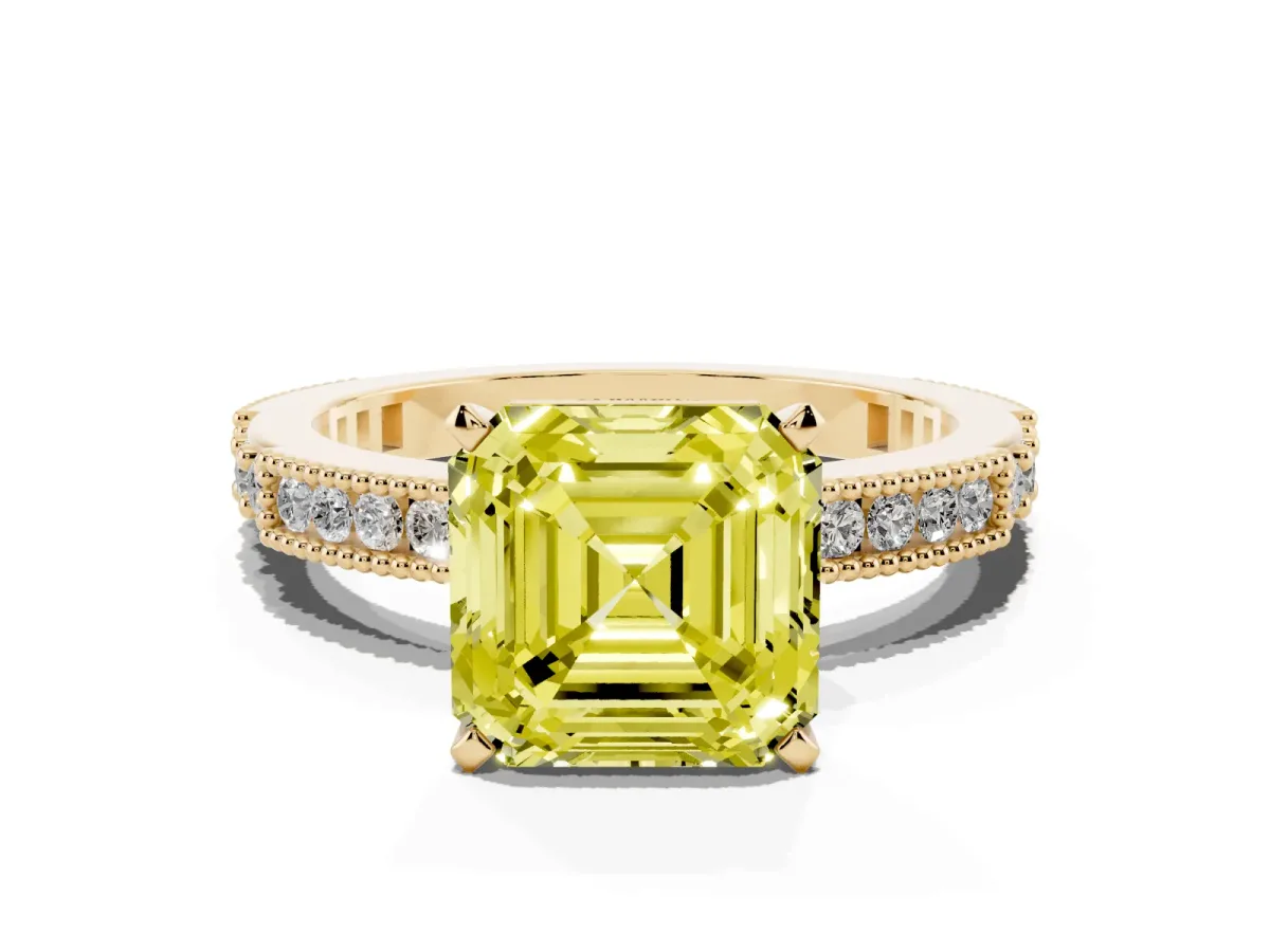 Fancy Yellow Asscher Cut Solitaire with Pavé Band and Four-Prong Setting Yellow gold