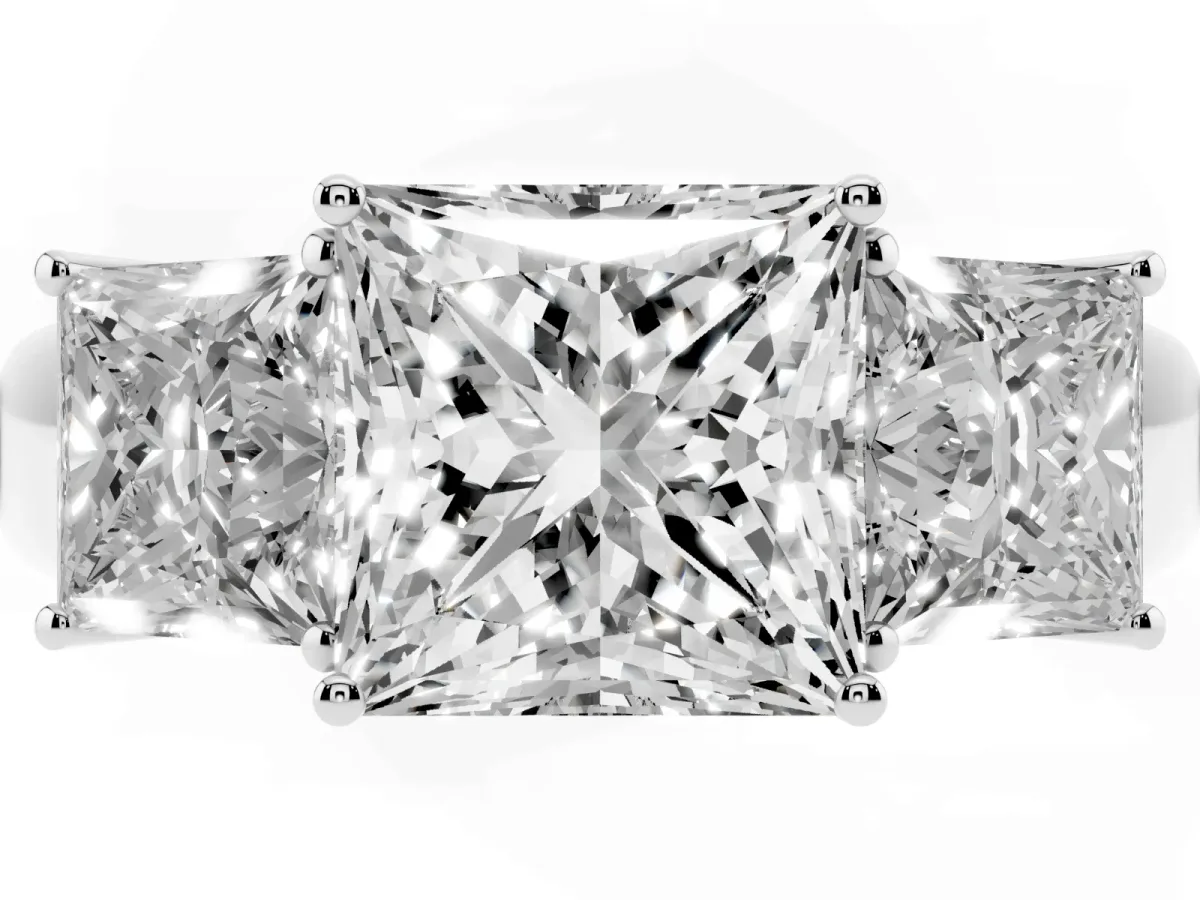 Three-Stone Princess Cut Cut Diamond Ring with Prong Setting and Classic Band Silver