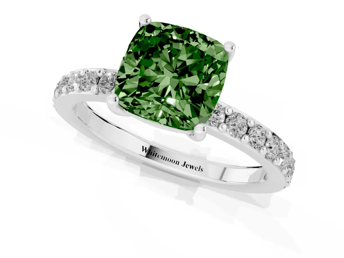 Fancy Green Cushion Cut Cut Diamond Solitaire with Pave Band and Four-Prong Setting Silver
