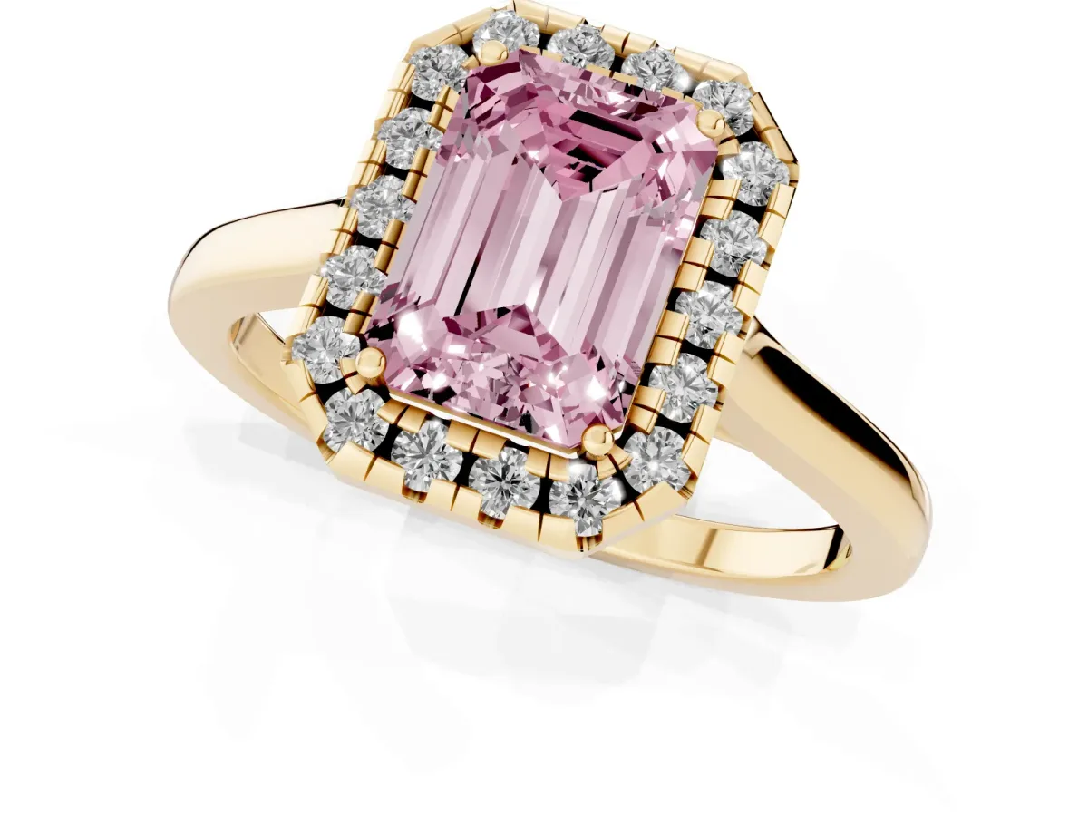 Fancy Pink Emerald Cut Halo Round Diamond Solitaire Ring with Pavé Band and Four-Prong Setting Yellow gold