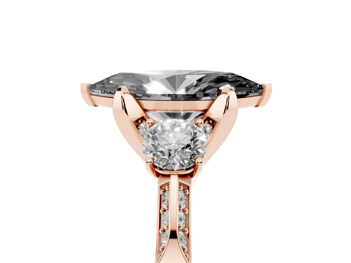Fancy Black Marquise Cut Brilliant Three-Stone Diamond Ring with Pavé Band and Four-Prong Setting Rose gold