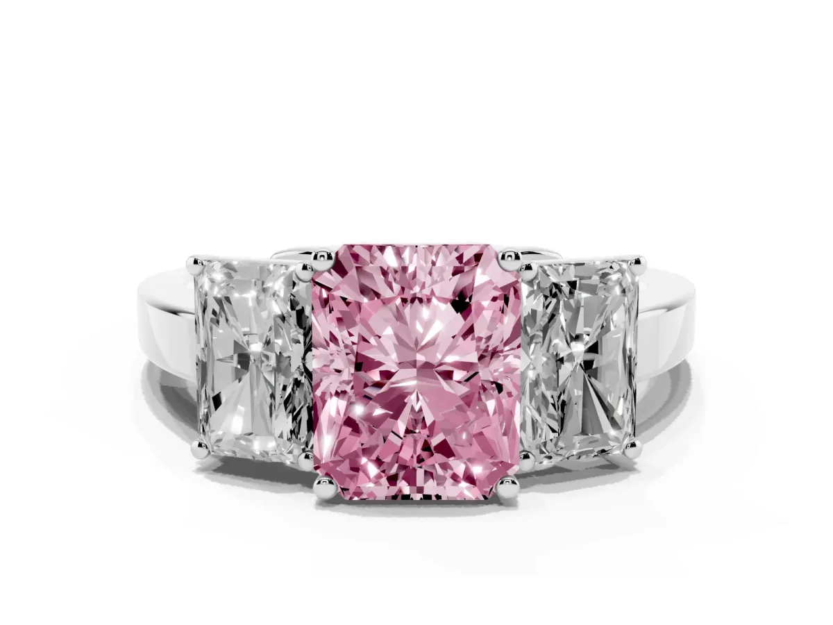 Fancy Pink Three-Stone Radiant Cut Cut Diamond Engagement Ring with Flat Band and Four-Prong Setting Silver