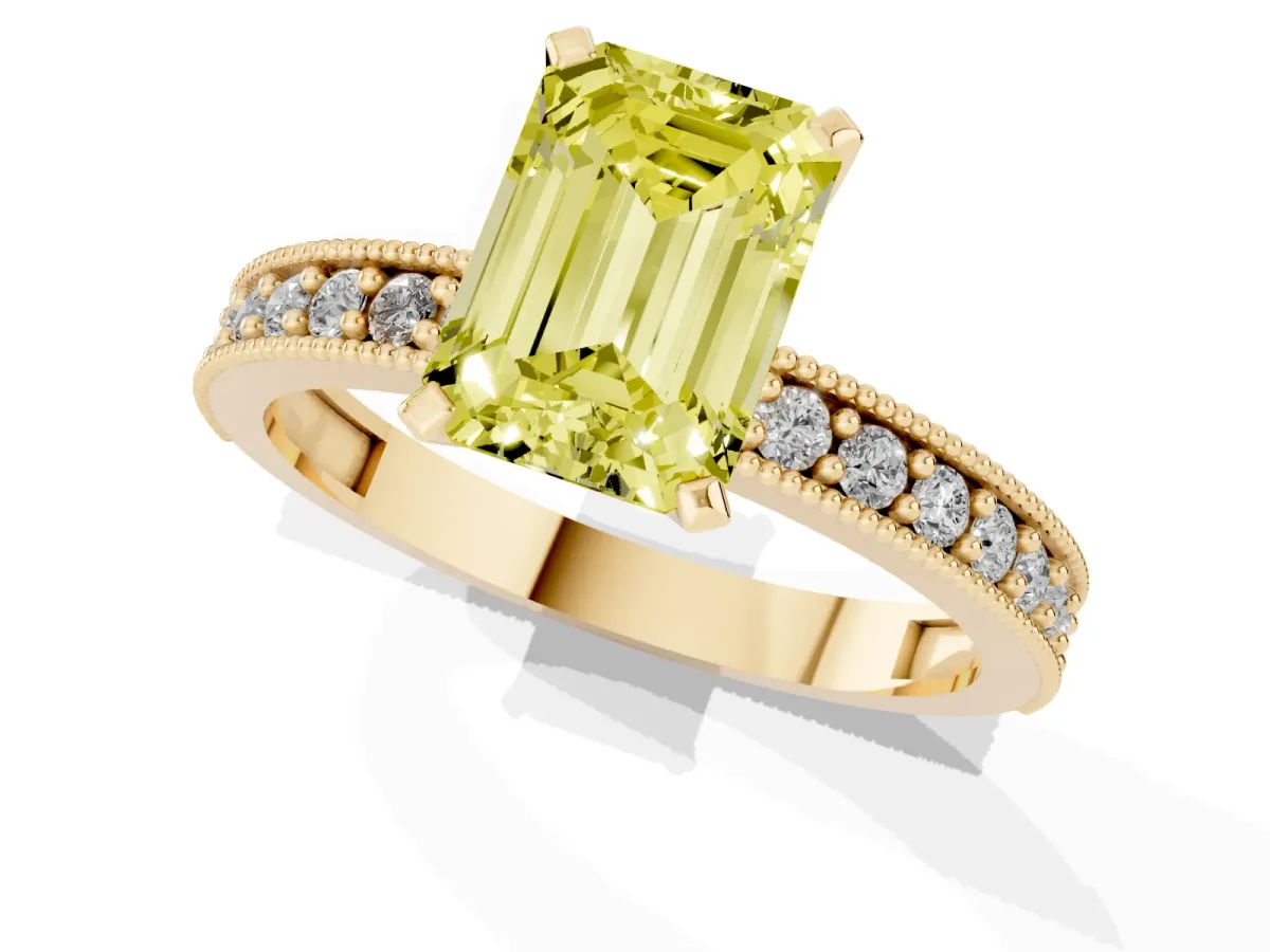 Fancy Yellow Emerald Cut Diamond Milgrain Pavé Engagement Ring with Four-Prong Setting Yellow gold