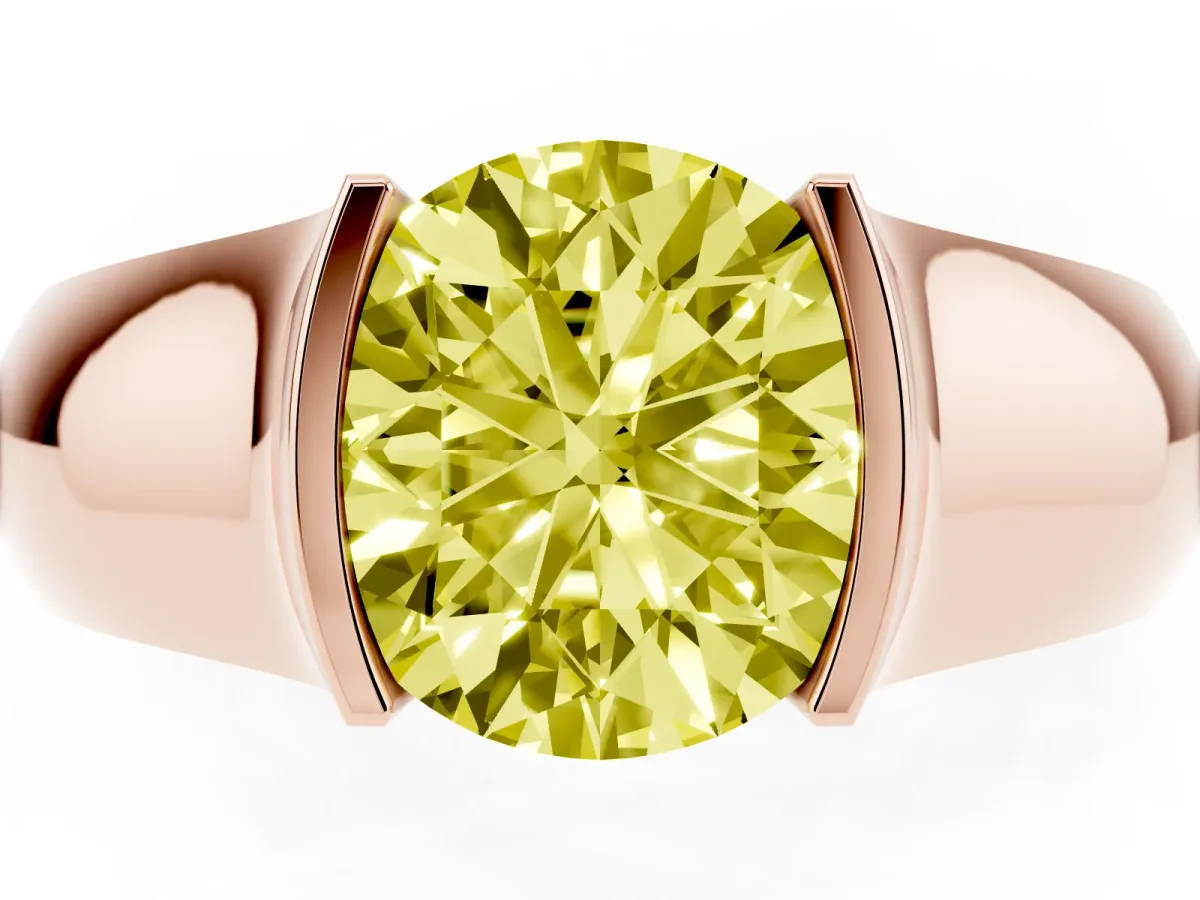 Fancy Yellow Round Cut Solitaire Bezel Set Diamond Ring with Wide Band Rose gold