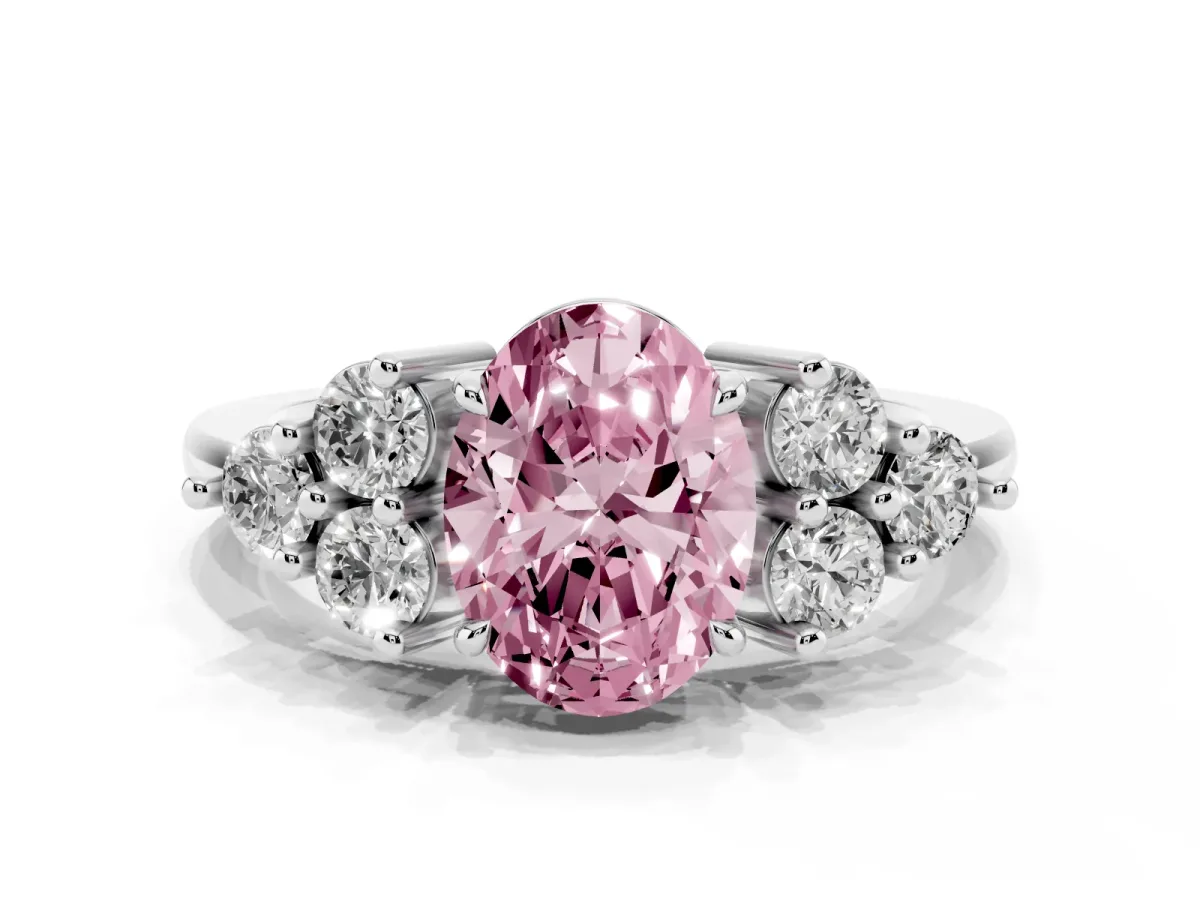 Fancy Pink Oval Cut Brilliant Diamond Cluster Accent Solitaire Ring with Prong Setting Platinum