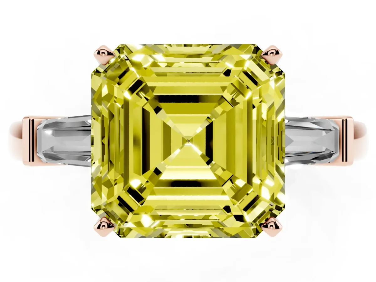 Fancy Yellow Asscher Cut Cut Diamond Solitaire Ring with Tapered Baguette Accents and Four-Prong Setting Rose gold