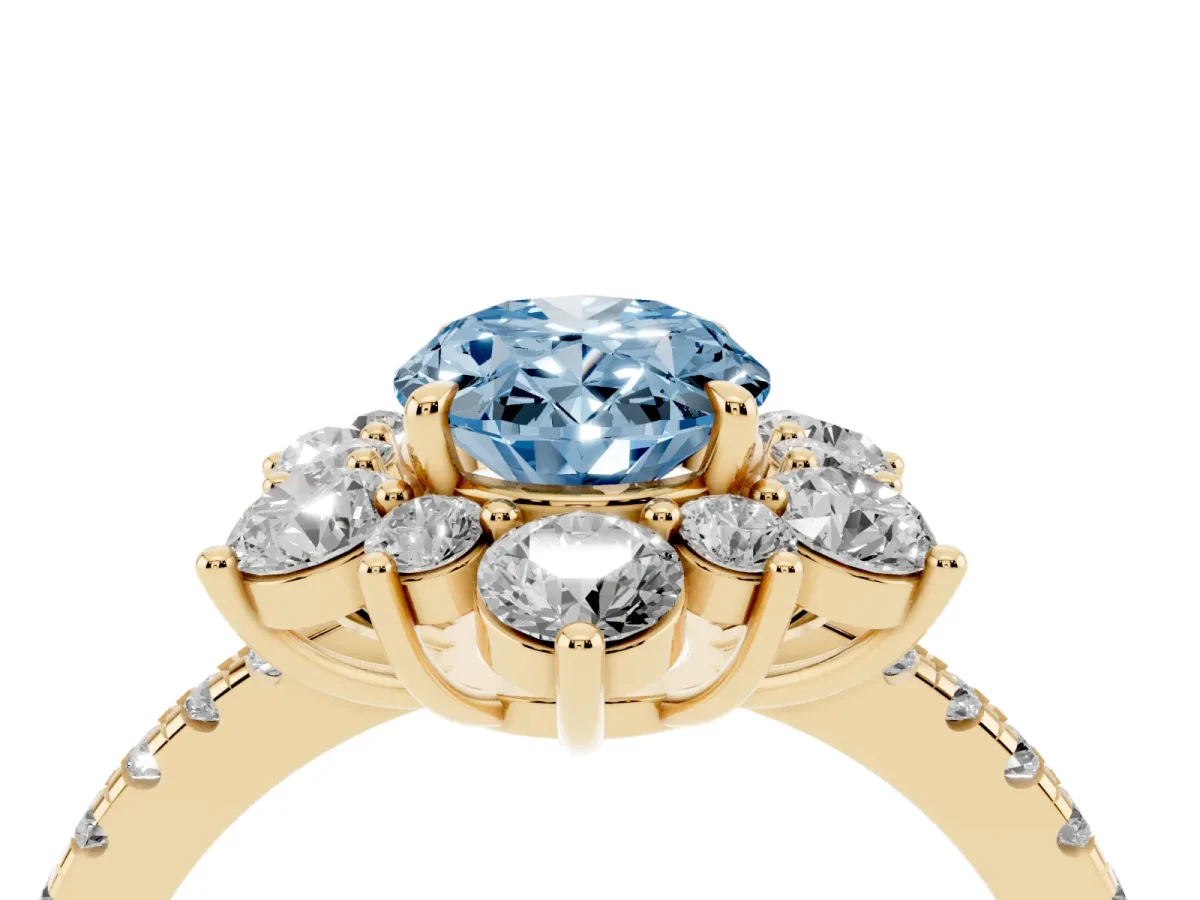 Fancy Blue Oval Cut Diamond Floral Halo Ring with Round Pavé Band and Prong Setting Yellow gold