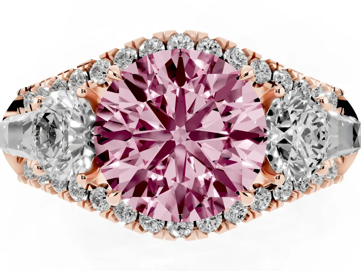 Fancy Pink Three-Stone Round Cut Diamond Engagement Ring with Pave Band and Prong Setting Rose gold