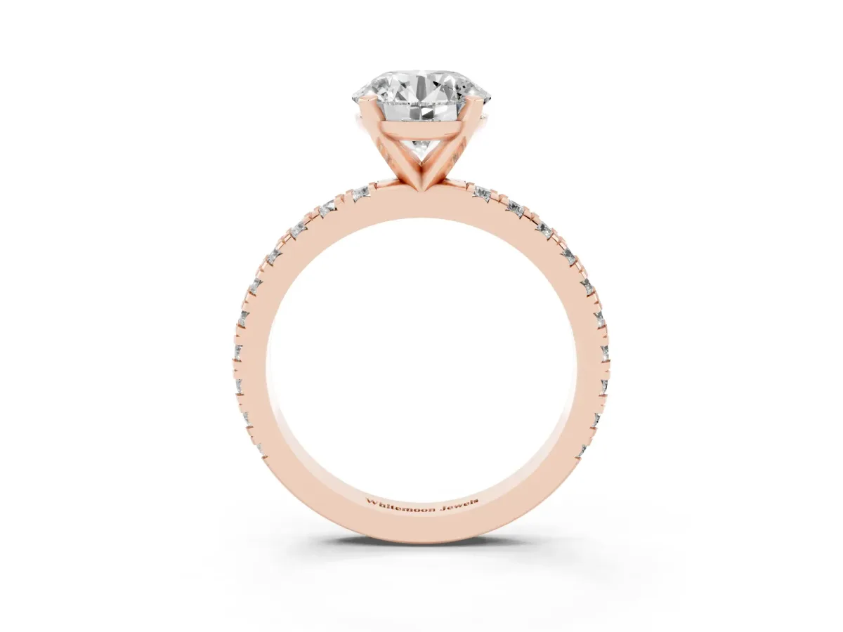 Round Cut Diamond Pavé Band Solitaire with Four-Prong Setting Rose gold