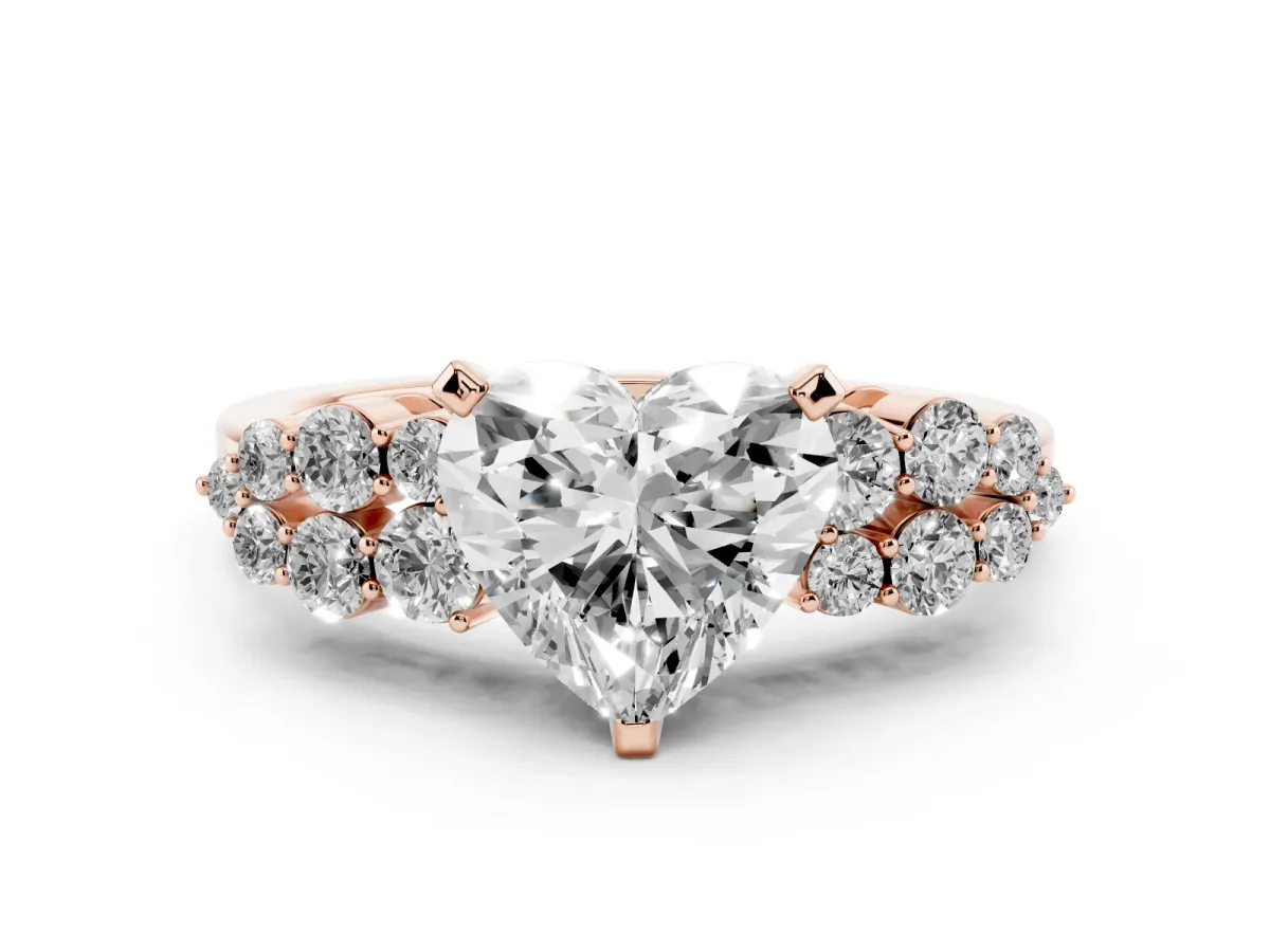 Heart Cut Cluster Diamond Engagement Ring with Pavé Band and Four-Prong Setting Rose gold