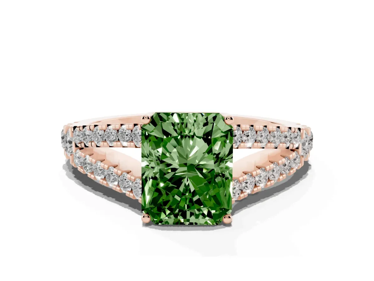 Fancy Green Radiant Cut Diamond Split Shank Pavé Engagement Ring with Four-Prong Setting Rose gold