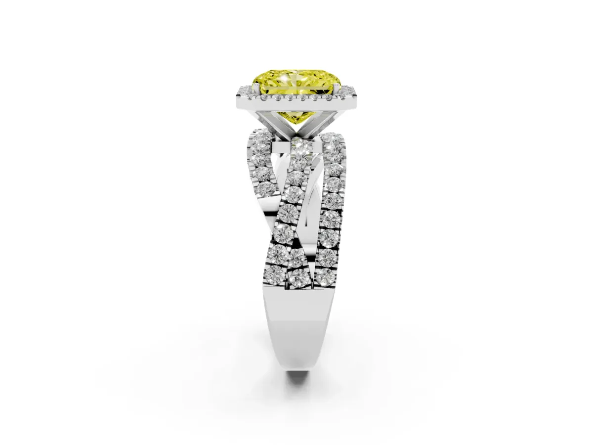Fancy Yellow Radiant Cut Diamond Halo Ring with Round Split Shank and Prong Setting Silver