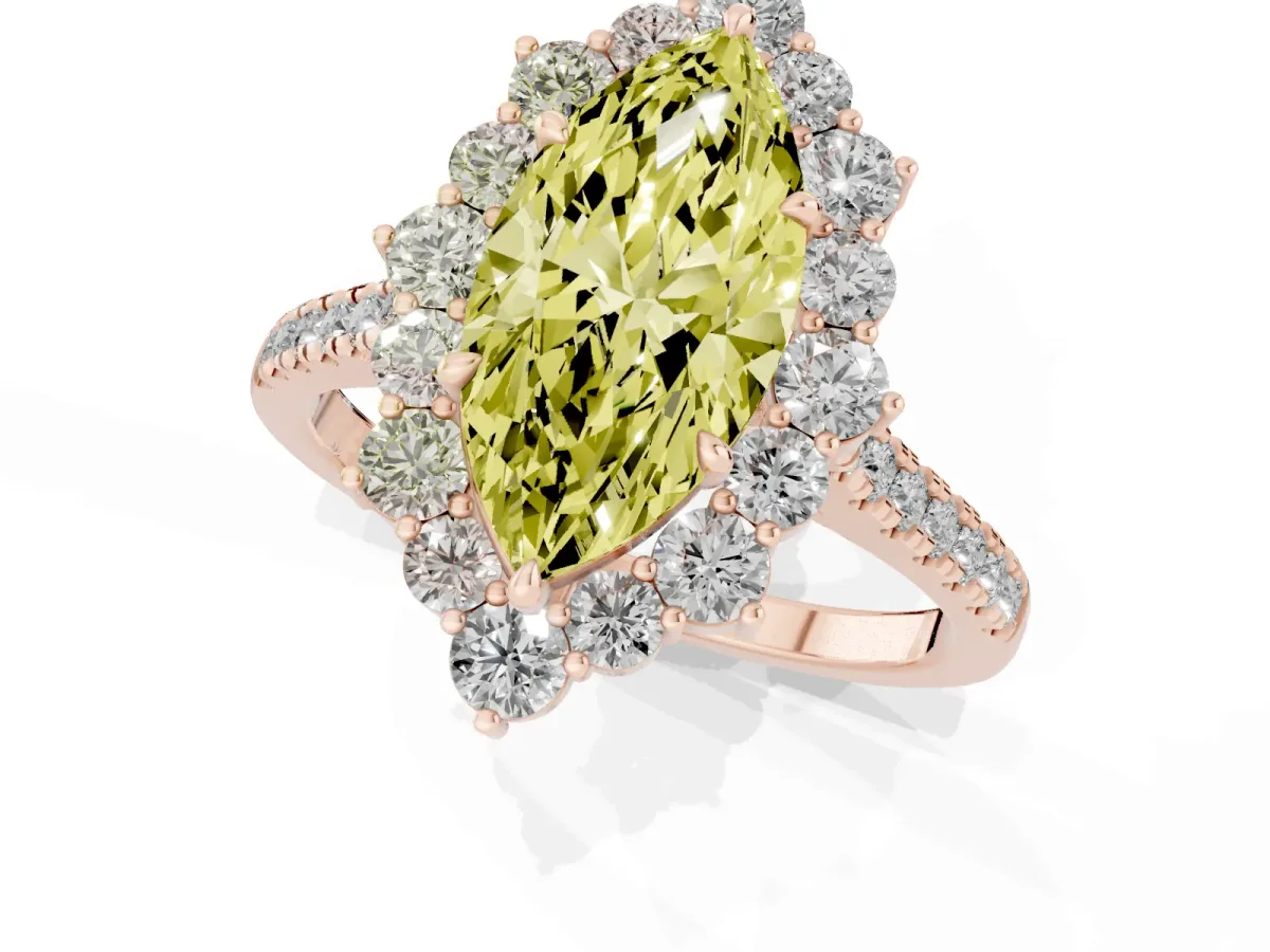 Fancy Yellow Marquise Cut Halo Diamond Ring with Pavé Band and Prong Setting Rose gold