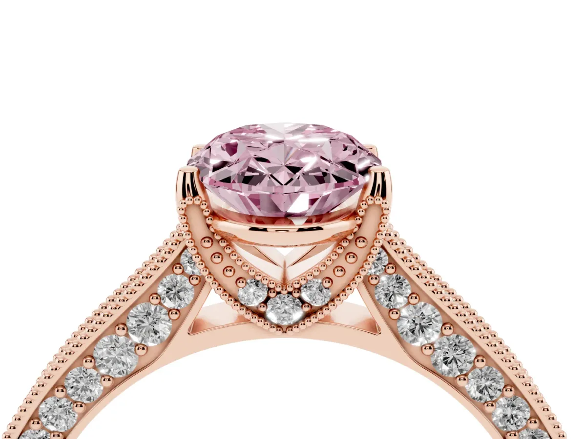 Fancy Pink Oval Cut Cut Diamond Solitaire Ring with Milgrain Pave Band and Four Prong Setting Rose gold