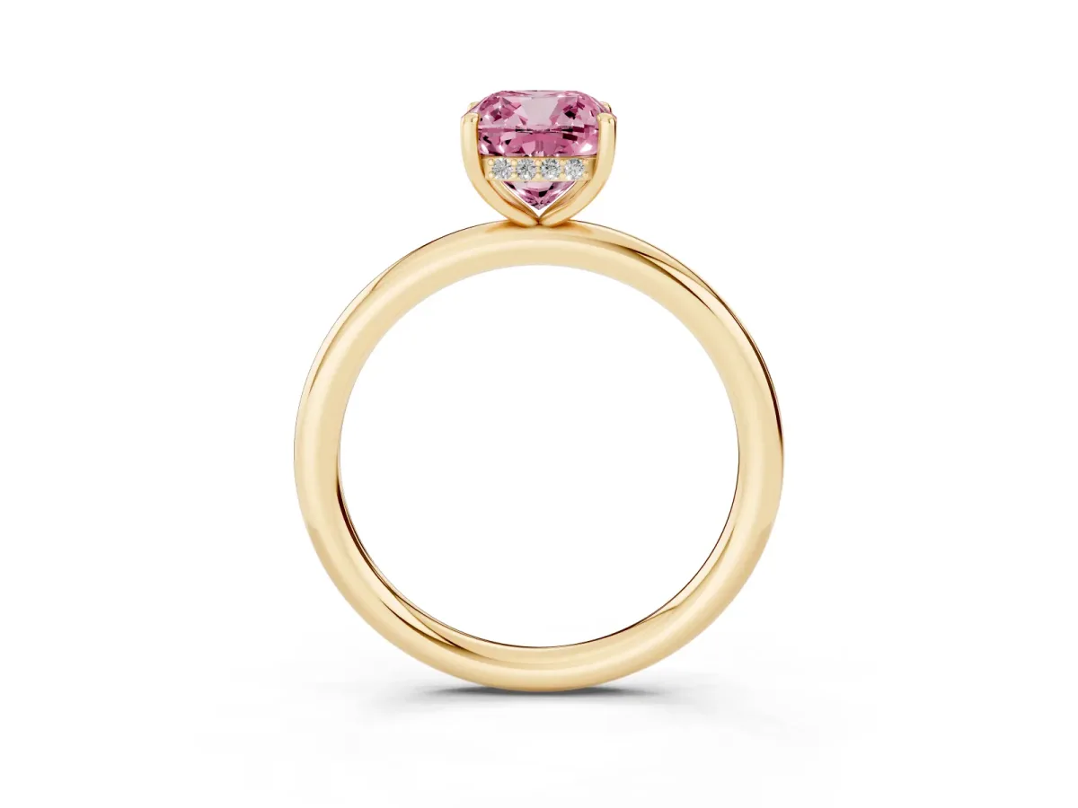 Fancy Pink Cushion Cut Diamond Solitaire Ring with Thin Band and Four-Prong Setting Yellow gold