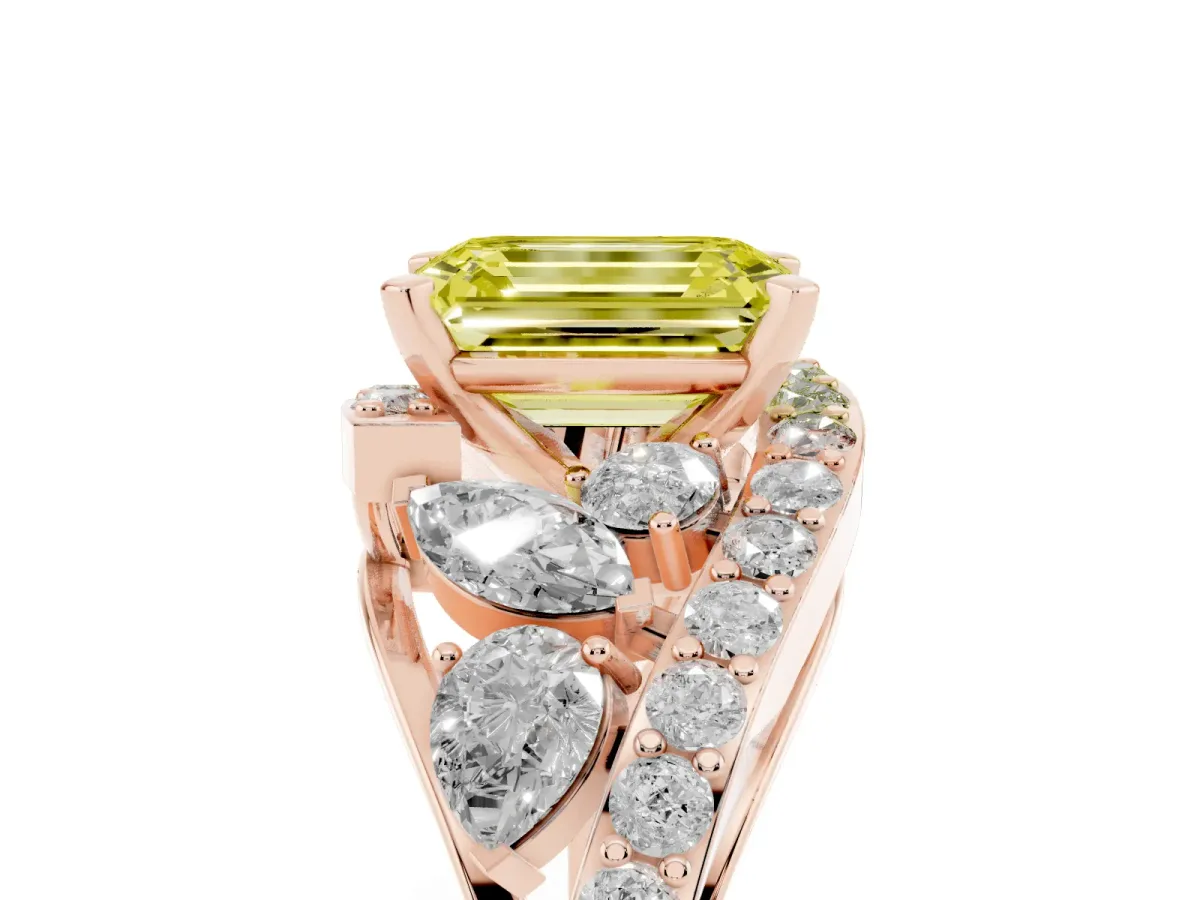 Fancy Yellow Emerald Cut Diamond Halo Ring with Marquise and Pavé Band in Prong Setting Rose gold