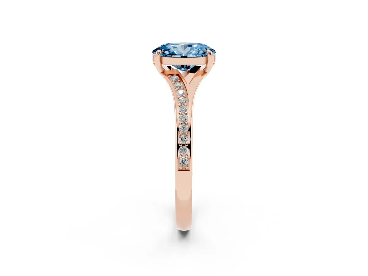 Fancy Blue Oval Cut Diamond Solitaire Ring with Pavé Band and Prong Setting Rose gold